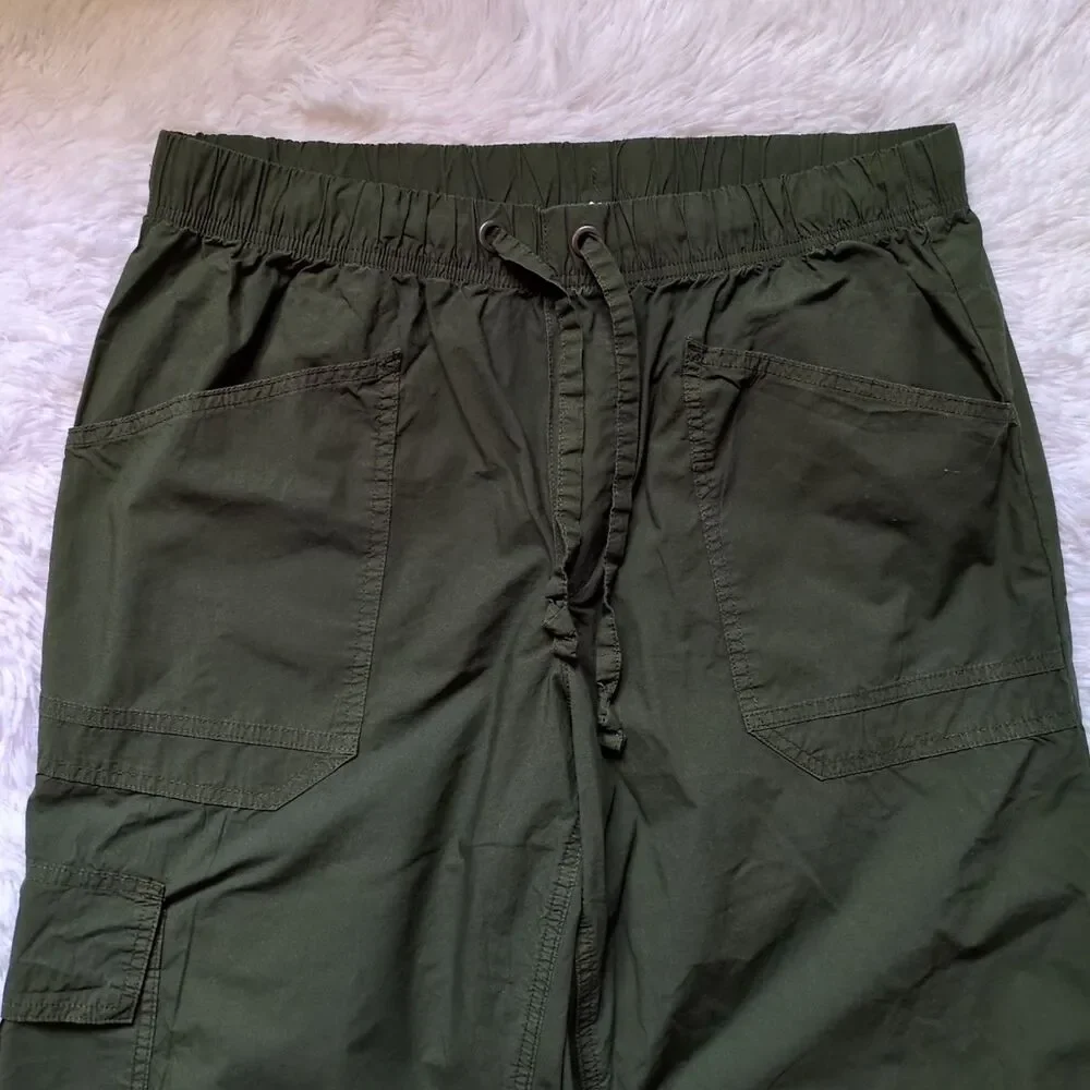 Aerie Avenue Baggy Cargo Pants Womens L Green Flame 100% Cotton Wide Leg Boho - Picture 3 of 12